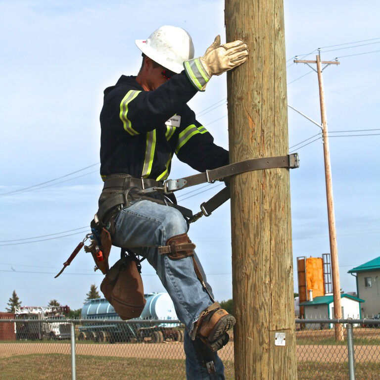 technician climbs power pole